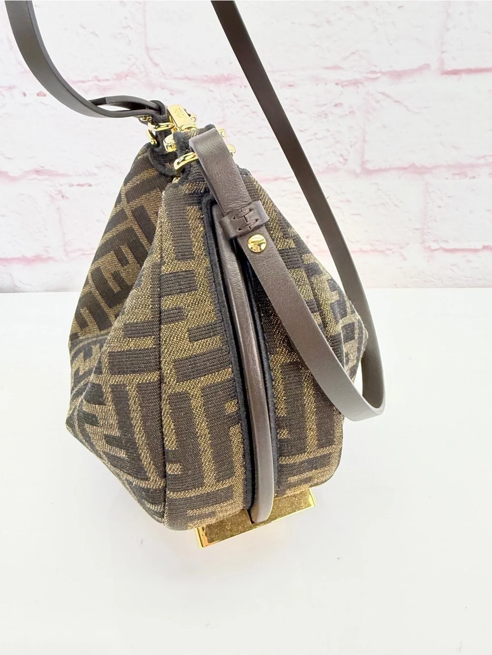 Fendi Denim Jacquard FF Effect Vitello Grace Mini Fendigraphy Hobo Bag Tobacco